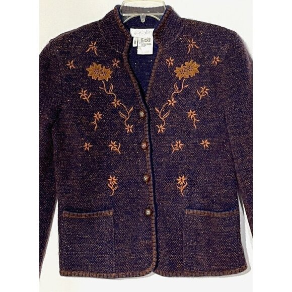 New ESCADA by MARGARETHA LEY Embroidered Brown Navy Mohair Wool Cardigan - Picture 4 of 12